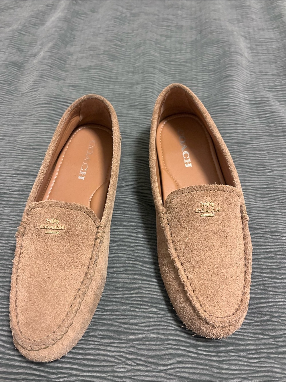 Coach Women's Suede Loafers in Light Brown with Gold Logo